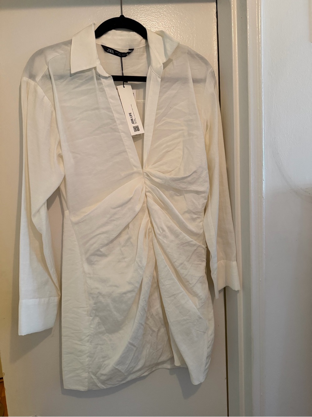 Zara Cream Twist-Front Long Sleeve Shirt Dress
